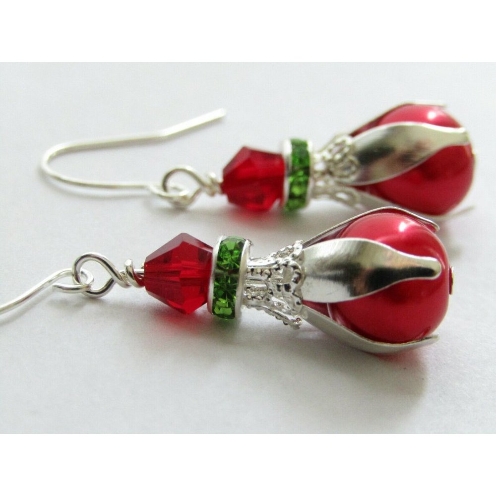 Red Glass Pearl Green Crystal Christmas Earrings